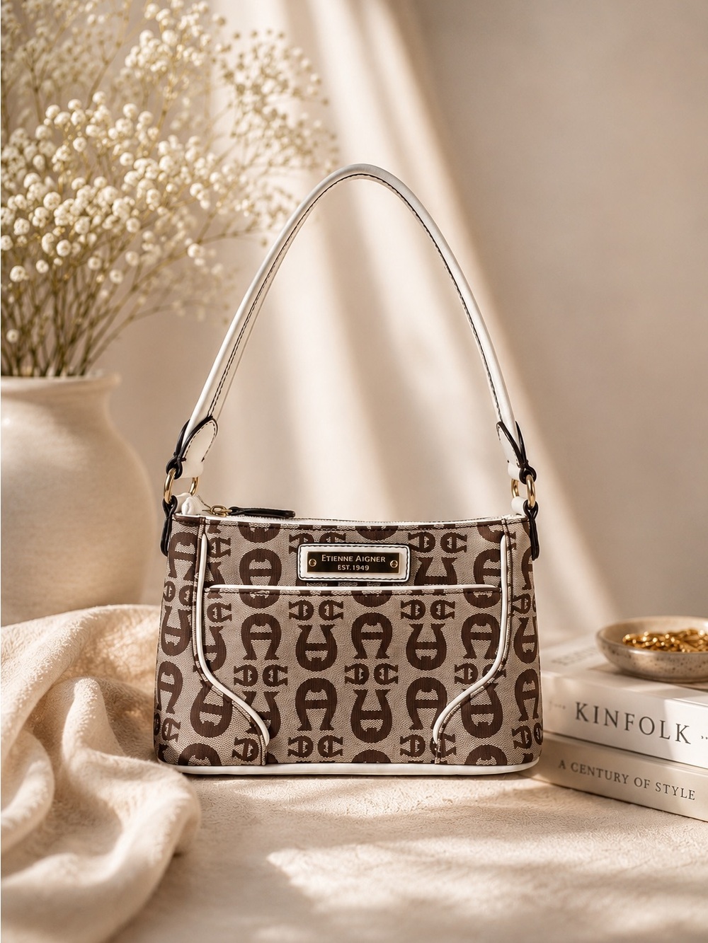 Vintage Y2K Etienne Aigner Brown Logo Jacquard Mini Shoulder Bag with Cream Trim